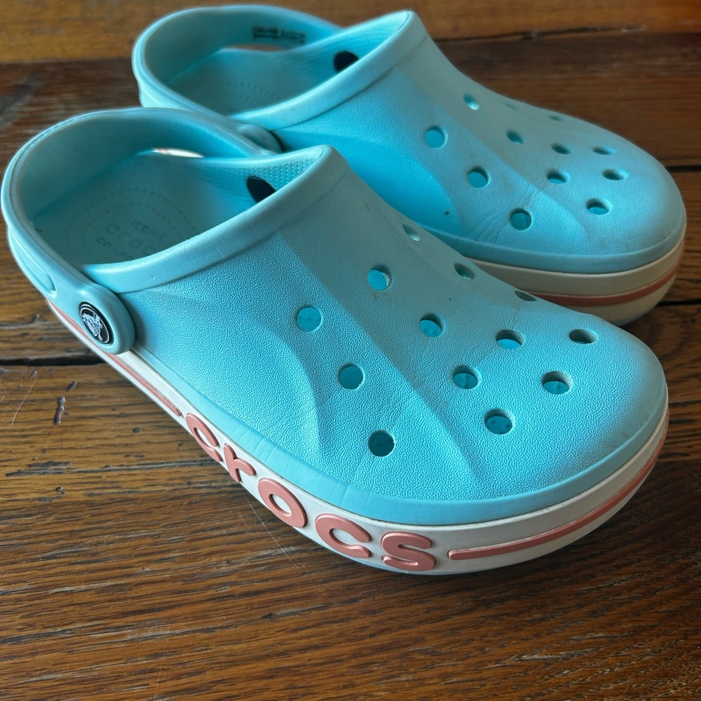 CROCS Kids' Aqua Blue Clogs with Pink Accents